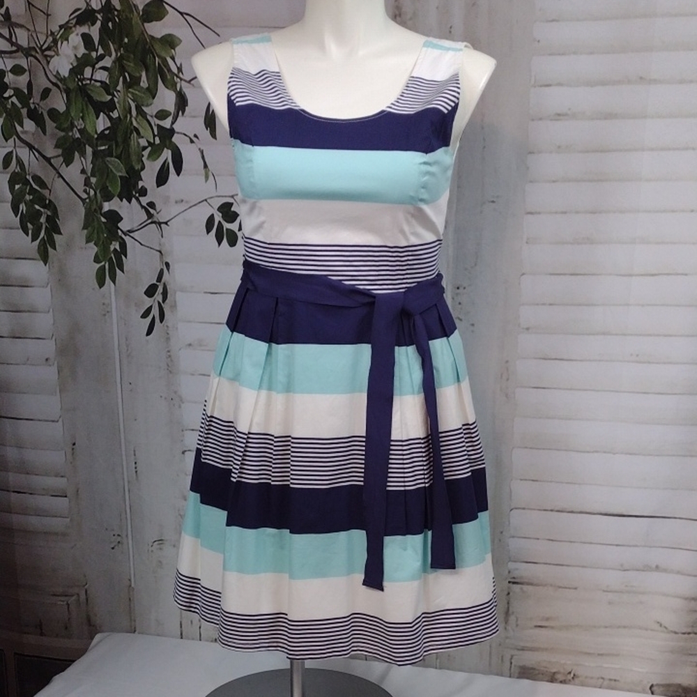 41 Hawthorn Navy and Aqua Striped Midi Dress Size L